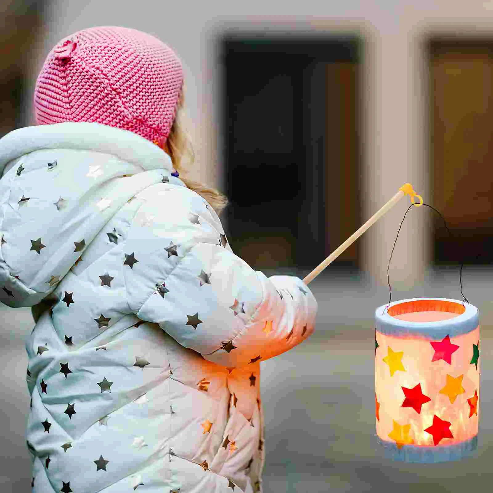 35 Pcs Paper Lantern Handle Wooden Pole Child Solar Lights Bulb Abs Handheld Stick