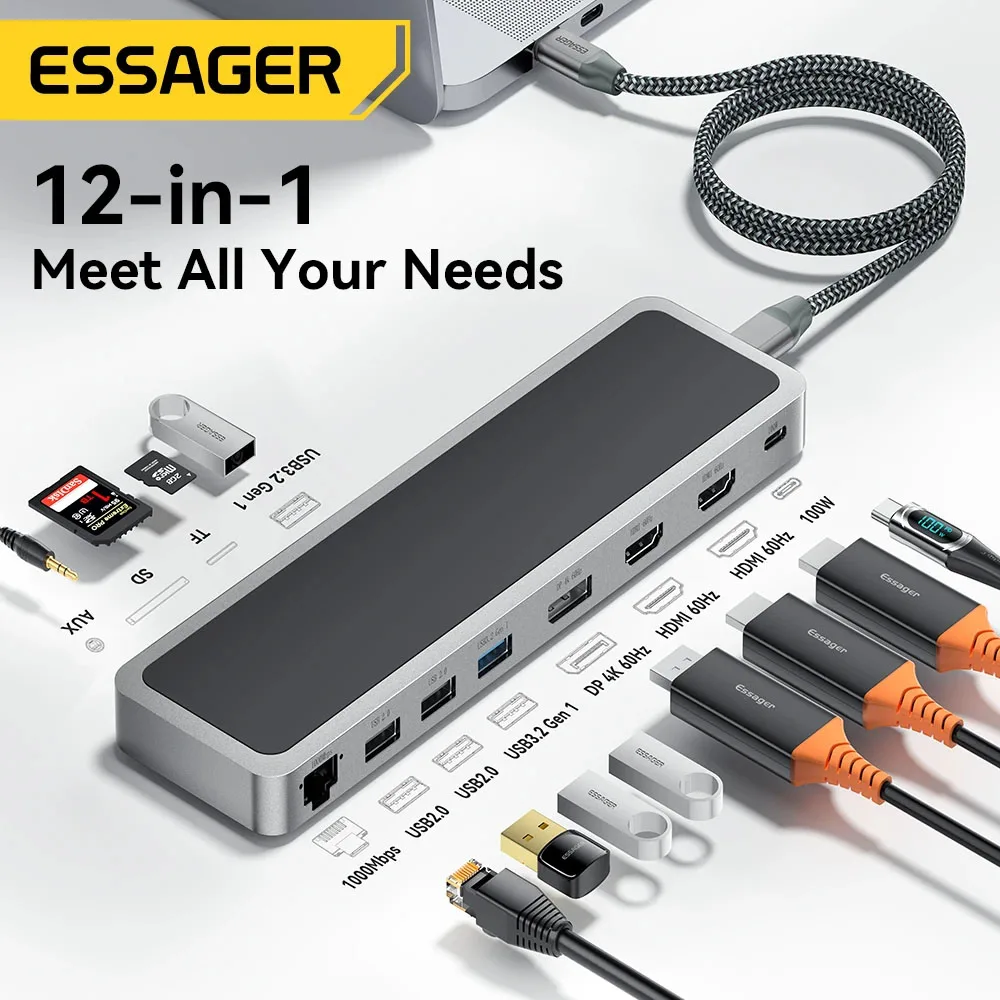 

Essager 12 in 1 USB Type C Hub 4K 60HZ Docking Station Laptop HDMI-Compatible DP RJ45 SD TF For MacBook Air Pro Adapter Splitter