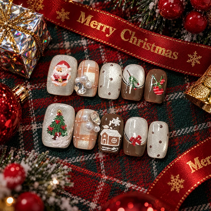 10Pcs Red Christmas-themed French Chunky Powder Cat-eye Press On Nail Short Almond-shaped European & American 3D Fake Nail