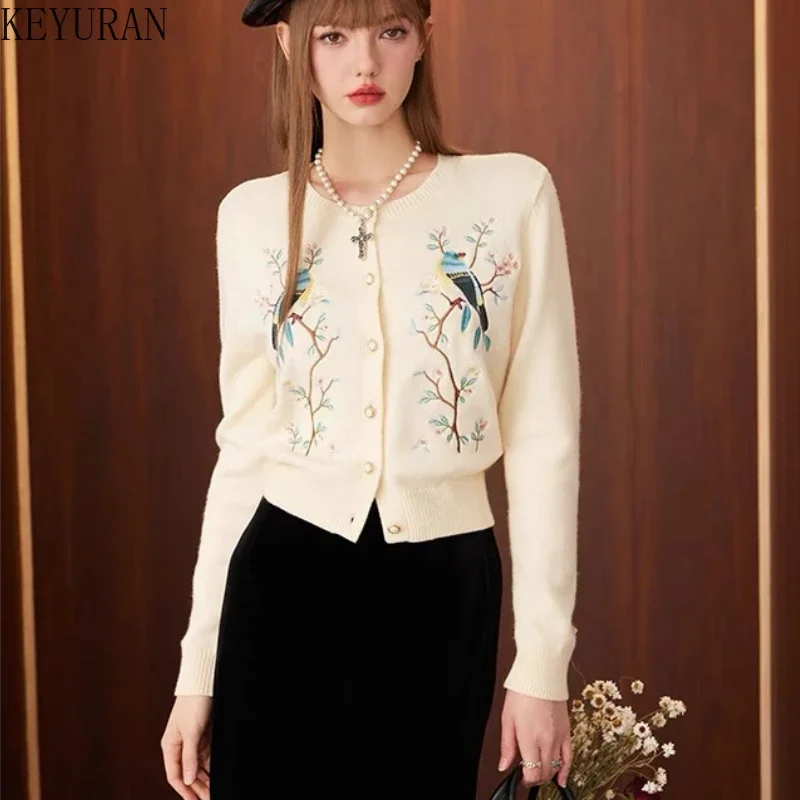 2024 Spring Autumn Flower Bird Embroidery Knitted Cardigan Women Vintage O-Neck Long Sleeve Sweater Mujer Knitwear Tops Jumper