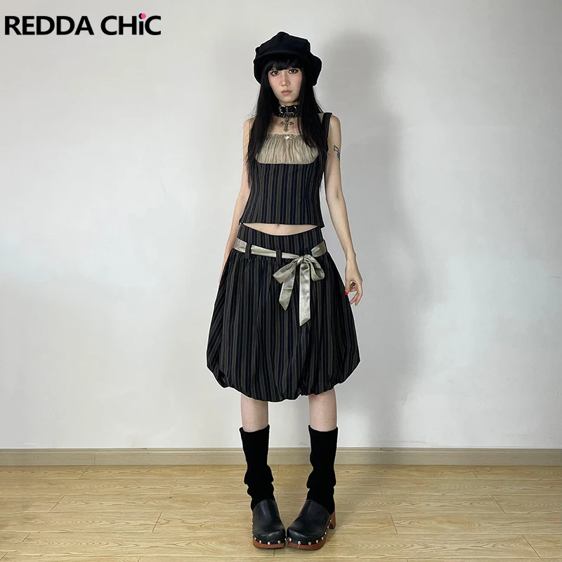 

REDDACHiC женский полосатый топ и юбка, комплект корсета, лоскутная майка с квадратным вырезом, длинная пышная юбка до колена с лентой, винтажная летняя одежда
