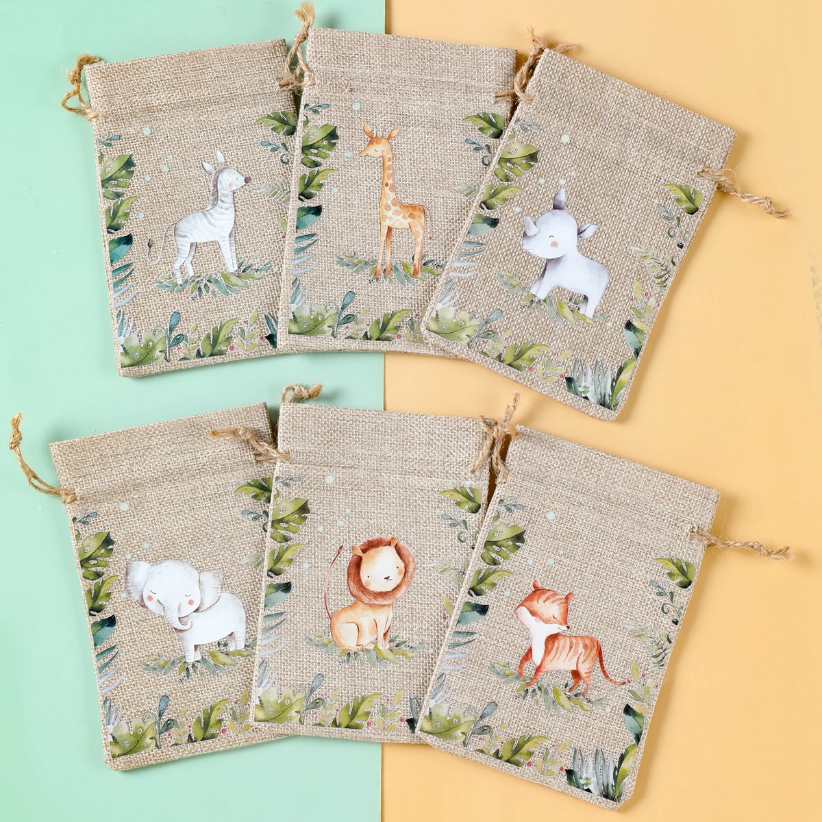 6Pcs Animal Gift Bags Jute Drawstring Burlap Bag Jungle Safari Birthday Party Decor Kids Baby Shower Chocolate Candy Bags