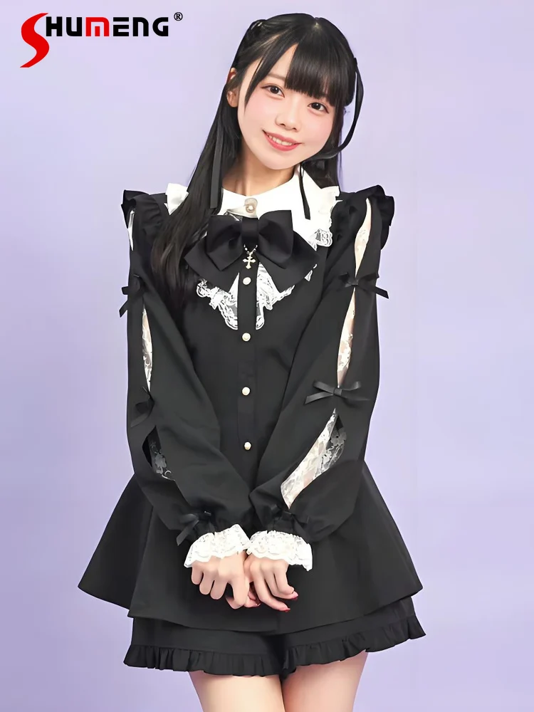 

Japanese Mine Style Mass-Produced Doll Collar Lace Patchwork Bow Long Sleeve Dress Elastic High Waist Shorts Two-Piece Set Women