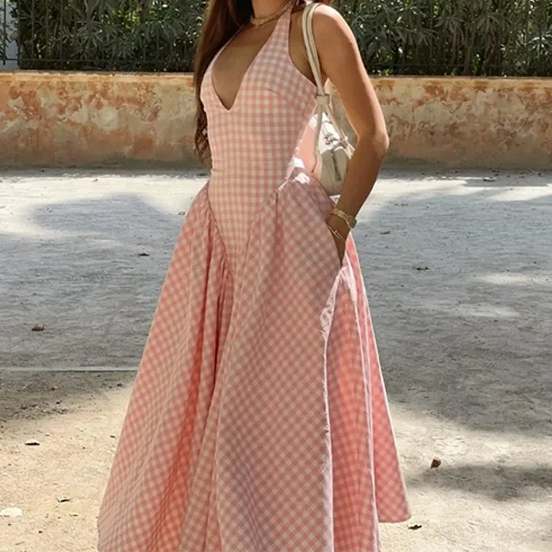 2025 Spring Summer Women Plaid Long Dress Sexy Off Shoulder V-Neck Hanging Dress Waist-Cinching Pleated Casual Bodycon Dress