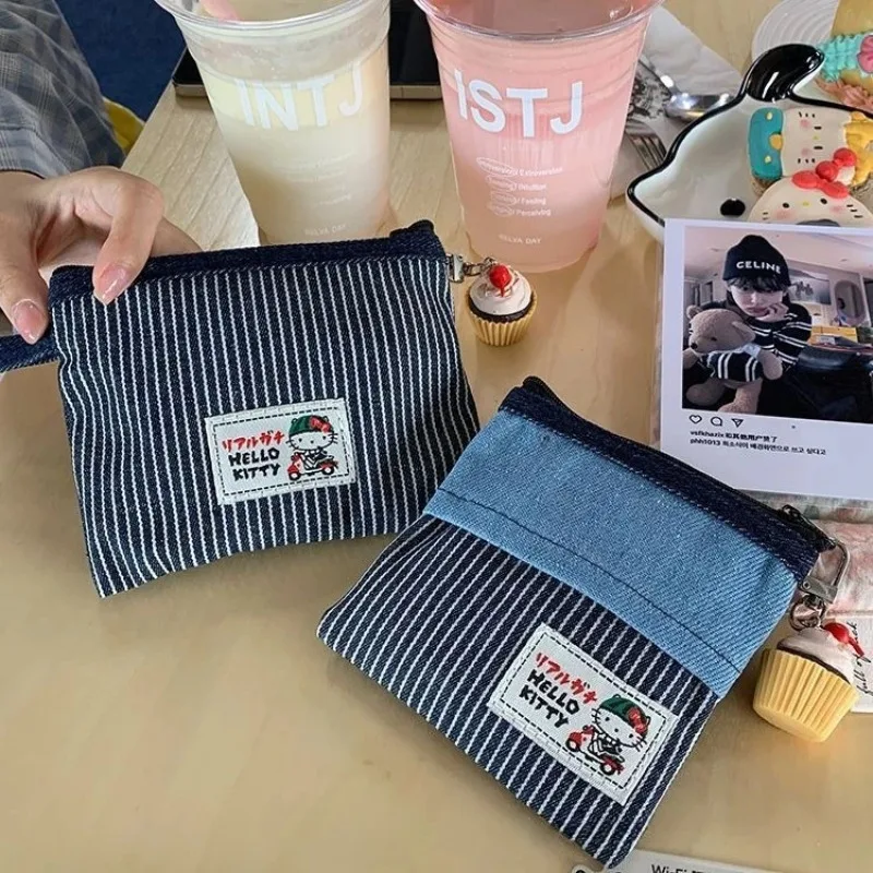 헬로 키티 동전 가방 카와이 데님 보관 가방 애니메이션 립스틱 헤드폰 가방 휴대용 레트로 다용도 보관 가방 소녀 선물