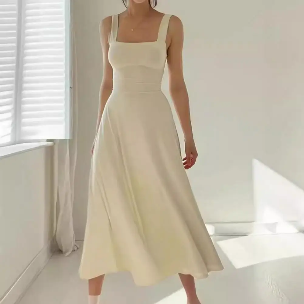 Women Dress Elegant Square Neck Midi Dress for Women A-line Flowy Hem Backless Dress with High Waist for Ol Commuting Dating