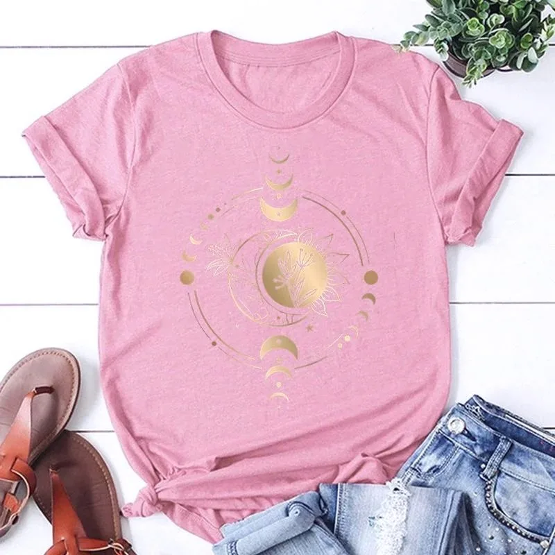Cute and Cool Moon Sun Pure Cotton Cartoon Printed New Casual Men's and Women's Clothing Fashion Trend Round Neck T-shirt