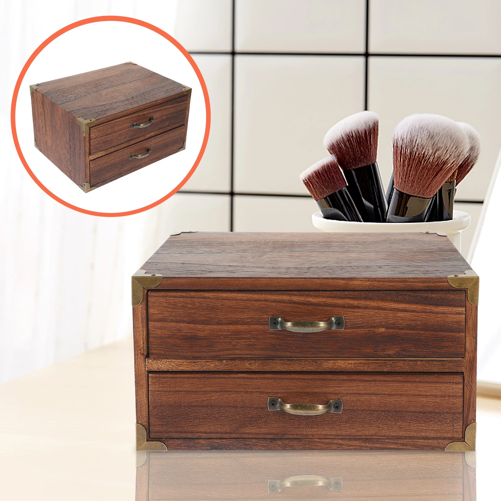 

1pc Wooden Desktop Box Vintage 2 Drawers Wrap Drawer Style Holder Angle Stationery Boxes Desk Organizer Home Storage