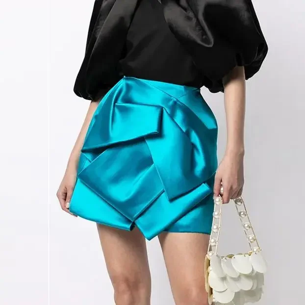 

HOBBY Smooth Silk Origami Skirt Lake blue Taffeta Mini Skirt Formal Prom Skirts Chic Short New Design Skirt Office Ladies Skirt