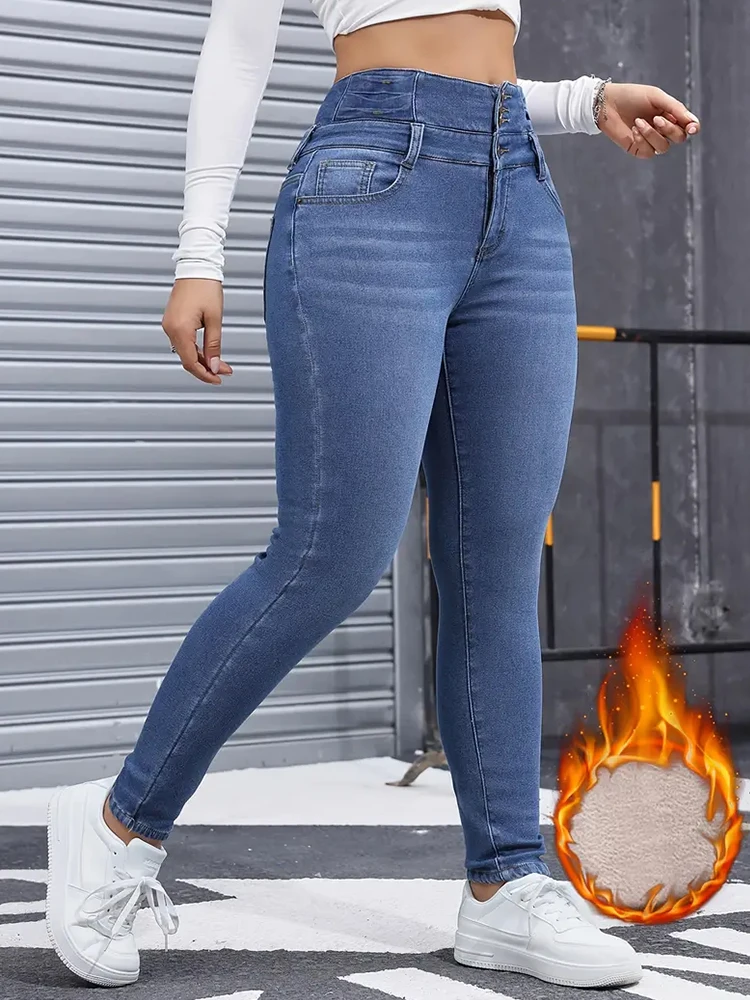 

Женские зимние эластичные флисовые облегающие джинсы скинни Теплые флисовые брюки с высокой талией и толстым бархатным дизайном Уютные модные горячие сексуальные брюки