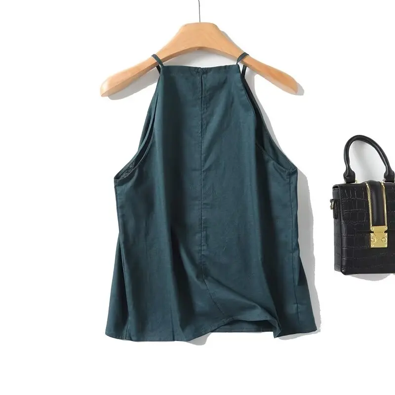 Jenny&Dave 2024 Autumn French Fashionable Blouse Women Commuting Lake Green Tank Top Minimalist Linen Camisole Shirt