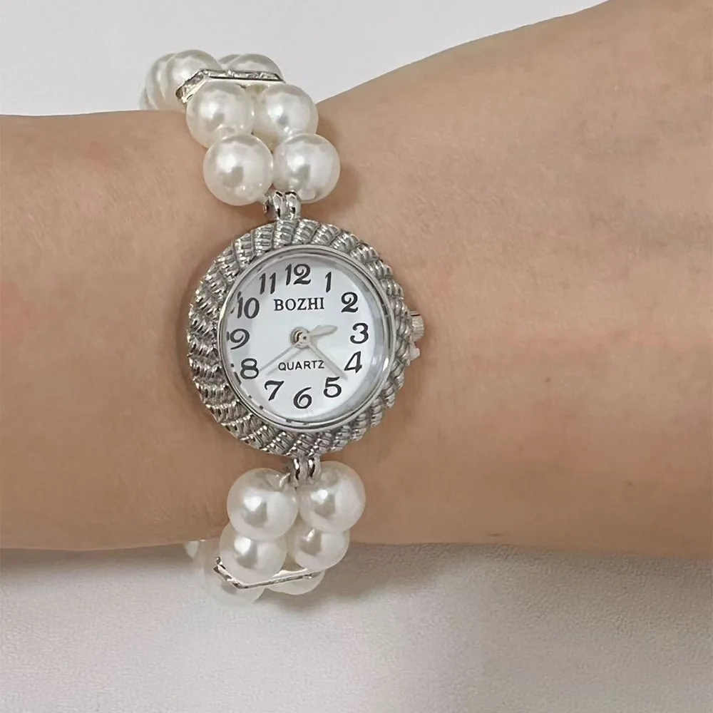 طبقة مزدوجة أزياء المرأة ووتش الفاخرة اللؤلؤ مطرز سوار الساعات حزام الكوارتز ساعات المعصم Horloges مجوهرات هدية