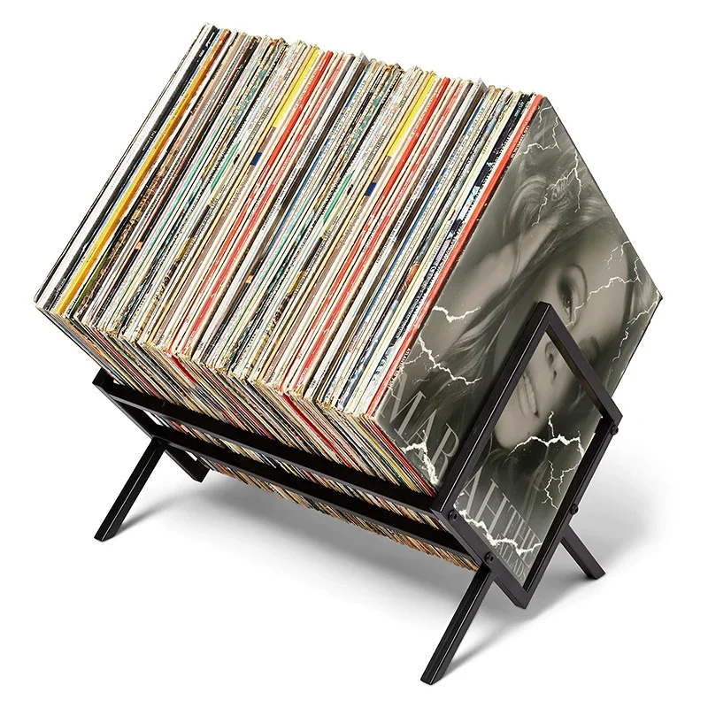 Armazenamento de discos de vinil – Suporte para discos de vinil preto fosco com capacidade de 80 a 100 LP - Suporte para discos de camada única de metal durável