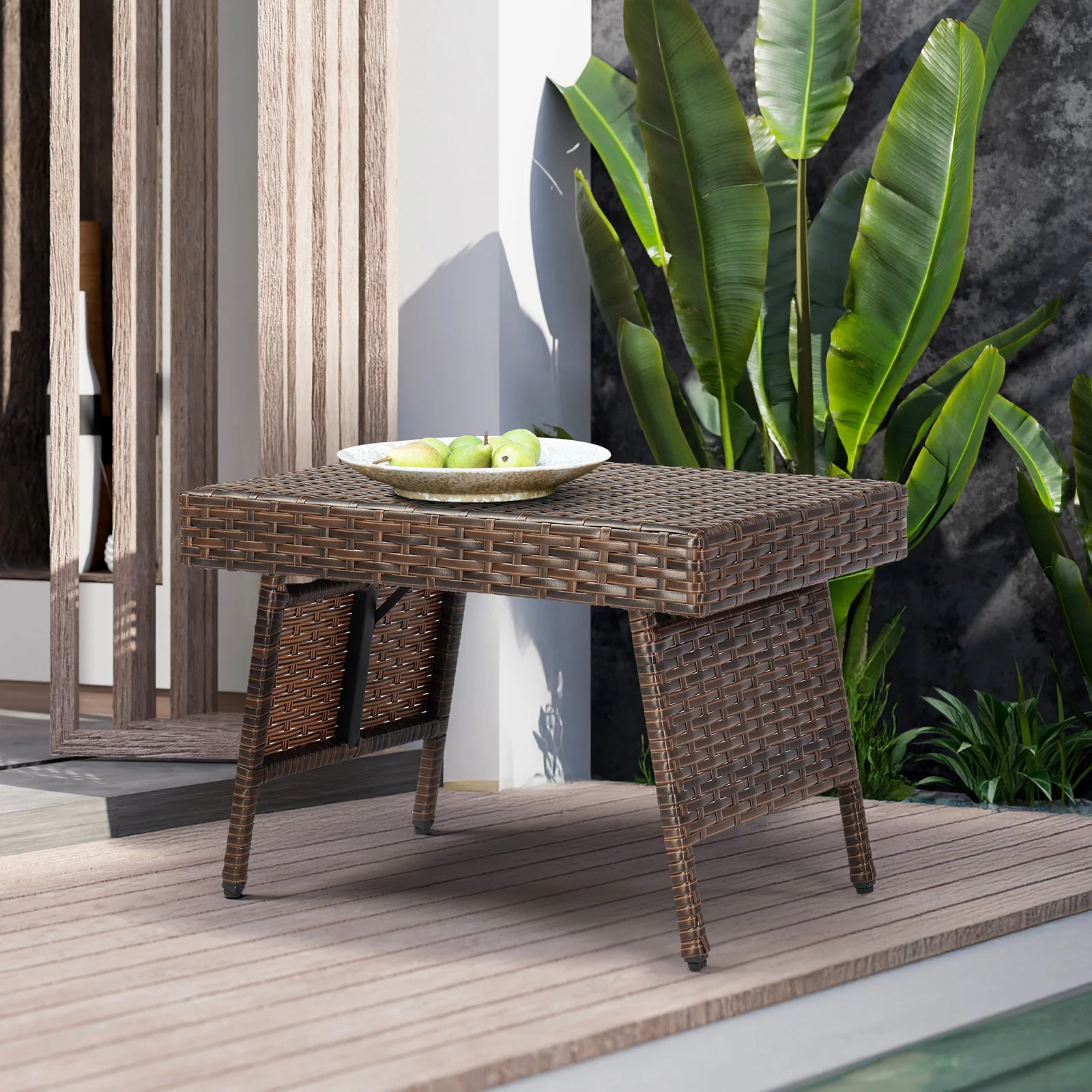 

Outdoor Folding Side Table, Patio Rattan Coffee Table with PE Wicker & High-Duty Steel Frame for Garden Courtyard Poolside, Brow
