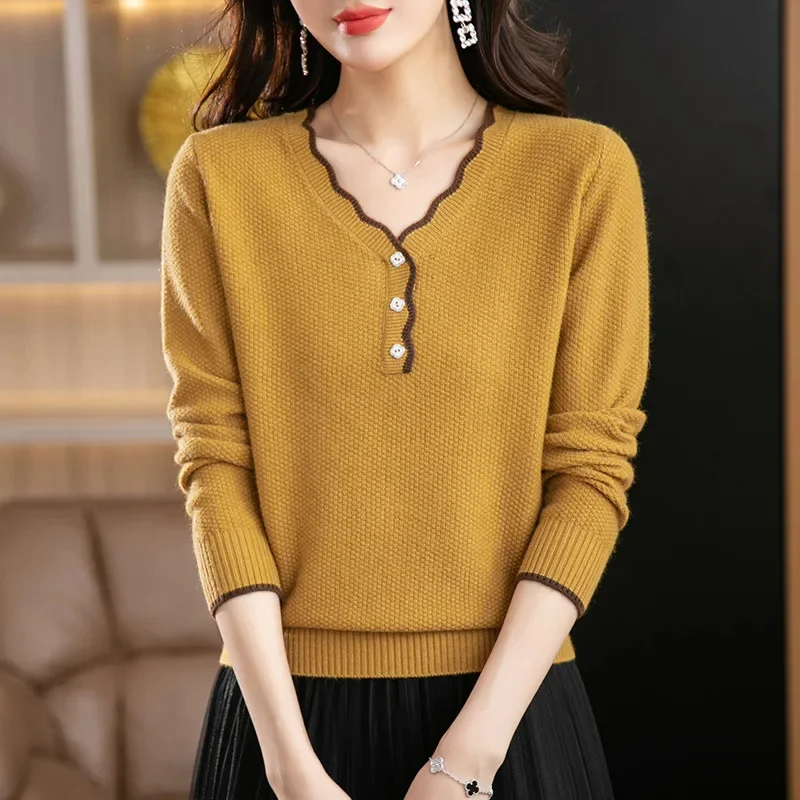 

Pullover V-Neck Sweater Women's Spring Autumn Knitted Bottoming Shirt New Loose Jumper Long-Sleeved Casual Woman Knitwear Ladies