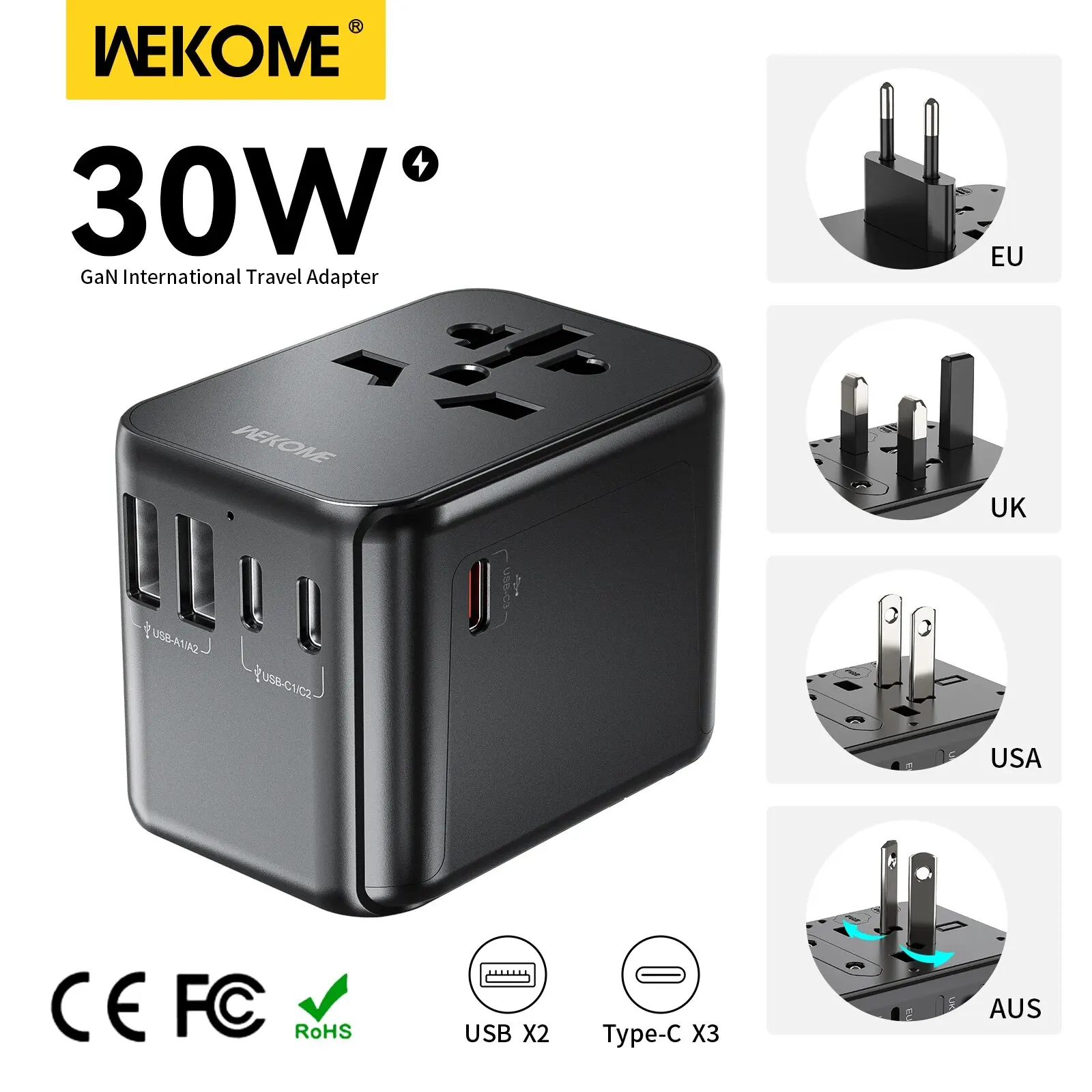 WEKOME Universal Travel Adapter with 2 USB and 3 Type-C Ports Travel Converter Adapter Combo for 224 Countries UK US EU Plug