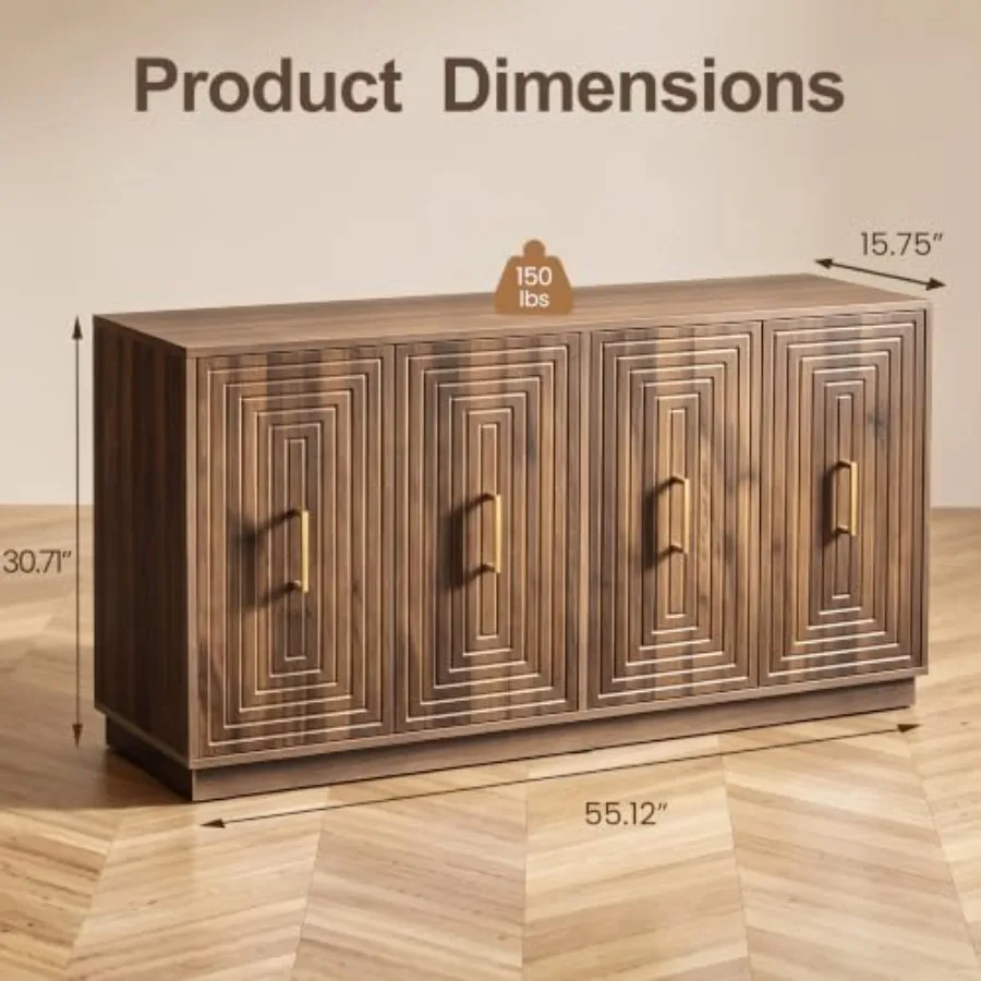 Buffet Cabinet with Storage for Dining Room, MDF Wood in Matte White, Fluted Texture Design for Modern Elegance