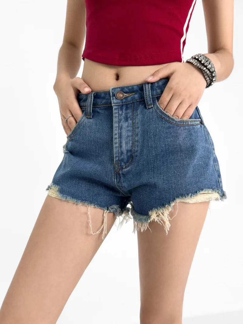 Women 2024 Summer Irregular Distressed Denim Shorts Frayed Edges High Waisted Wrap Hip Solid Slim Leisure Versatile Shorts F191