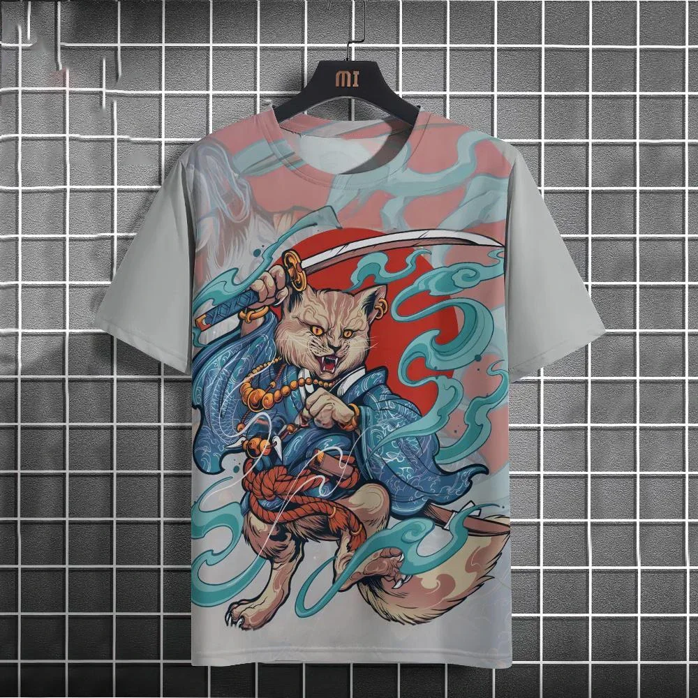 

2025 Japanese Ukiyoe Anime Samurai Cat T-Shirts For Men 3D Print Short Sleeve Tops Tee Oversized Harajuku T Shirt Men's Clothing