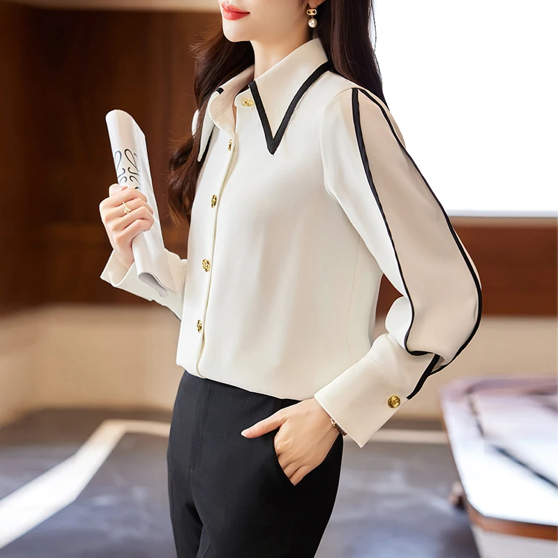 NAVIU White Shirt Women Fashion High End New 2023 Autumn Temperament Professional Formal Blouses Office Lady Work Tops