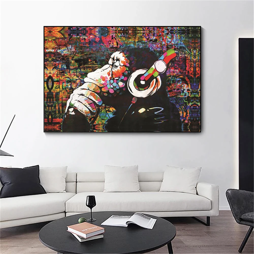 قرد على الجدران في الشارع مع سماعات الرأس ، ملصق فني جداري ، Orangutan حديث تجريدي ، لوحة قماشية ، مطبوعات الغرف ، لوحات جدارية ، ديكور للمنزل #5