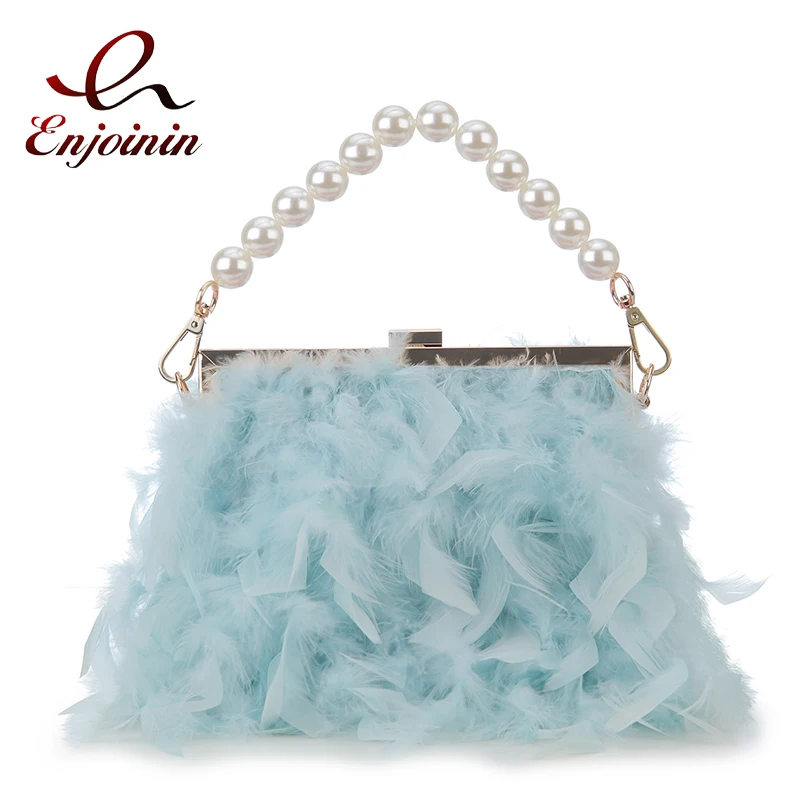 Luxury Feather Purses and Handbags for Women Party Evening Clutch Bag Shoulder Bag Pearl Chain Designer Wedding Bag 12 Colors