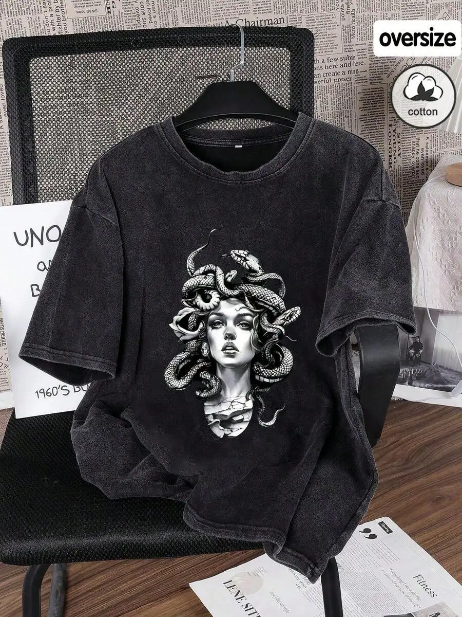 

Oversized Black Medusa Print T-Shirt Women Loose Fit Streetwear Y2K Punk Short Sleeve Tee