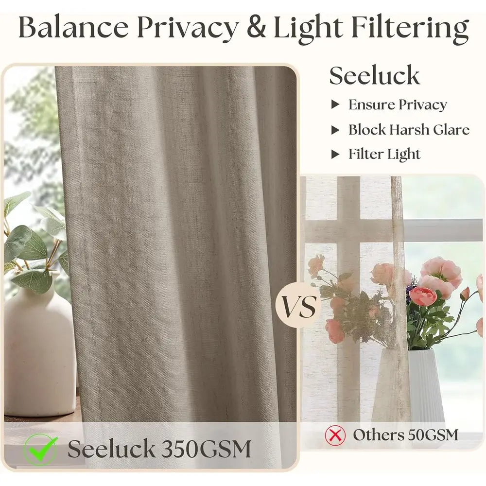 Pinch Pleat Taupe Leinenvorhänge 84, für Wohnräume, 2 neutrale Paneele, Lichtfilterung, halbtransparent, Bauernhaus-Stil