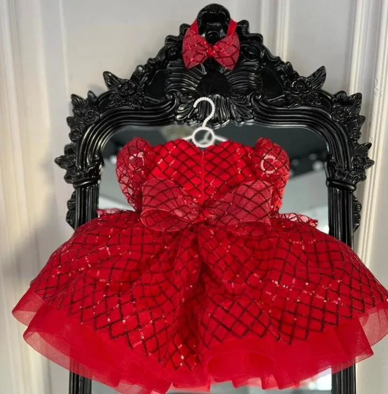 Bling Bling Red Baby Girl Dress Long Sleeves 2024 Winter Tutu Outfit Fluffy Little Princess Birthday Gown Flower Girl Dress