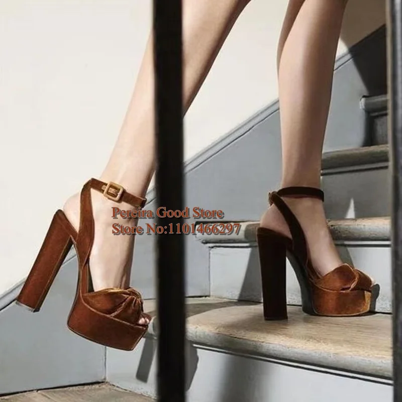 Hot Selling Chunky Heels Sandals Ankle Strap High Platform Peep Toe Dress Shoes Brown Red Black Velvet Sqaure Heels Dress Shoes - view 6
