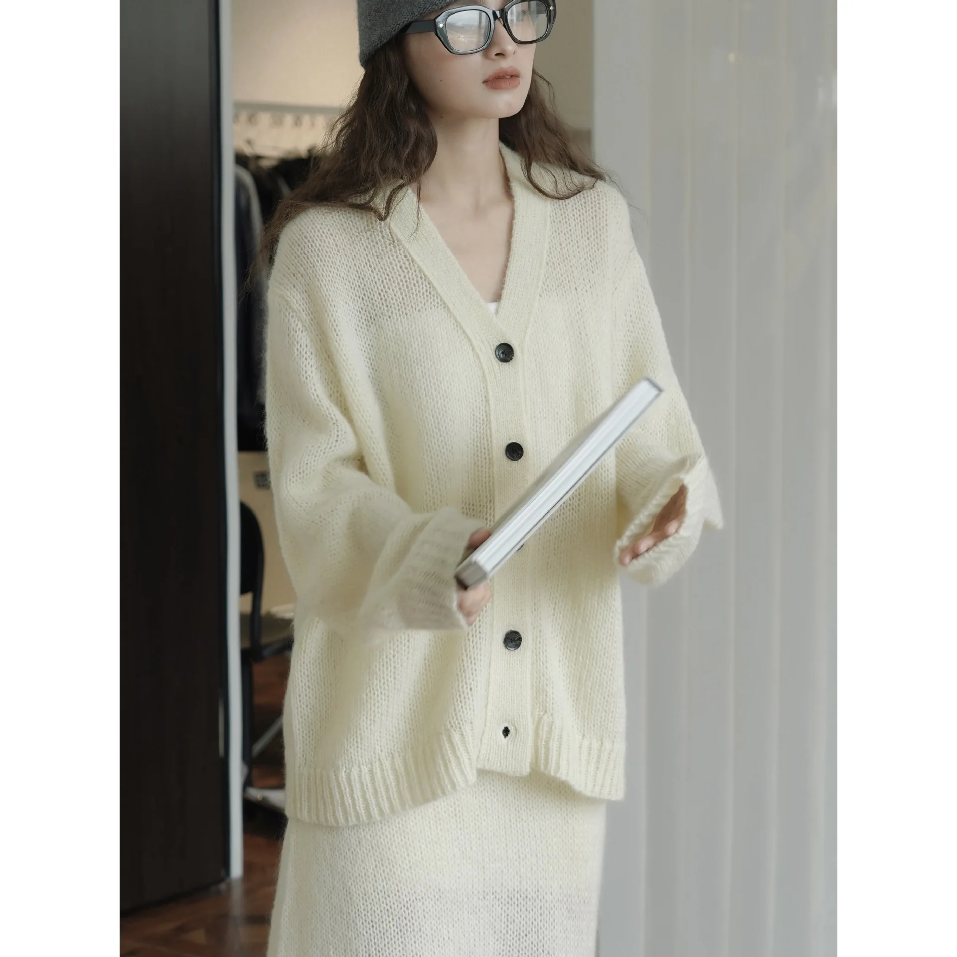 Women Two Pieces Suits Mohair Wool Blending V-Neck Knitted Cardigans With Long Skirt Autumn Clothes  Tracksuits Ladies Outfits