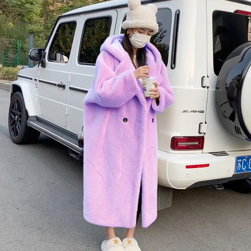 5XL Oversized Winter Faux Fur Coat Women Thick Warm Long Fur Jacket Female Plush Parka Hooded Overcoat Double Breasted Outwear