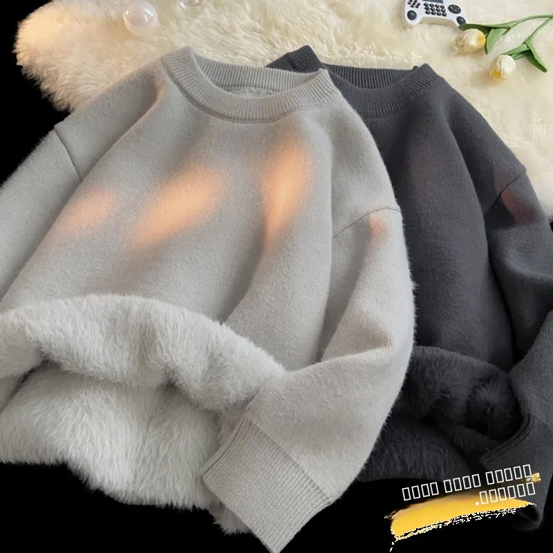 

High-End ey Men's Sweater Spring Autumn Faion Versatile American Retro Loose Lazy Sle round Ne Base Knitted irt