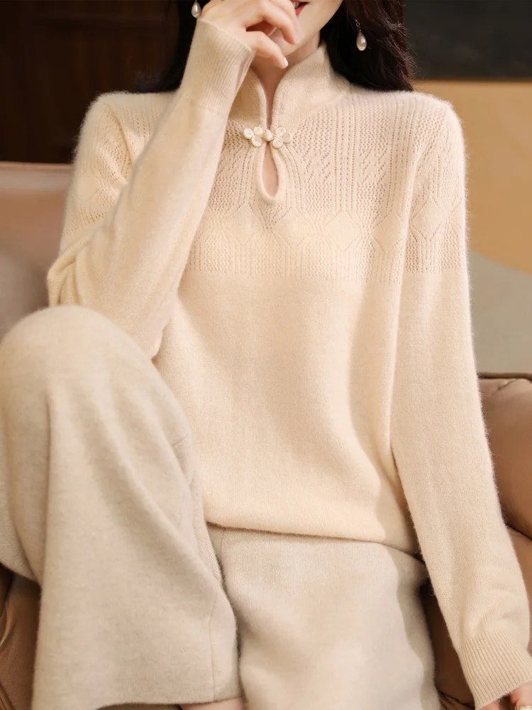 Spring Autumn Women's Mock Neck Hollow Out Pullover Chinese Style Buckle Cashmere Sweater 100% Merino Wool Knitted Long Sleeve