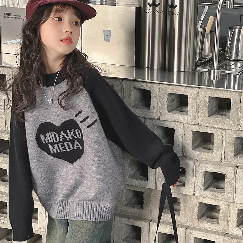 Korean Autumn Winter Children Girl Kintwears Teenager Girl Letter Contrast Heart-shaped Sweater Top School Girl Kintted Pullover