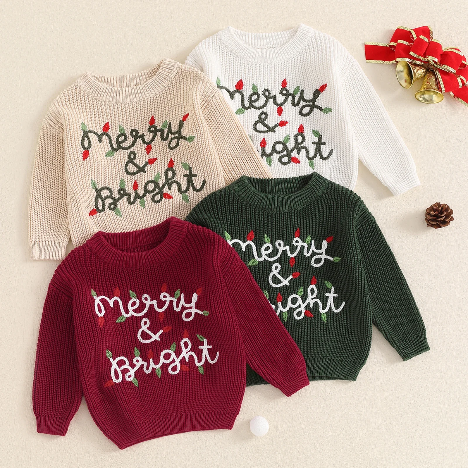 Baby Girl Boy Knitted Christmas Sweater Letter Light String Embroidery Pullover Casual Top Newborn Xmas Clothes