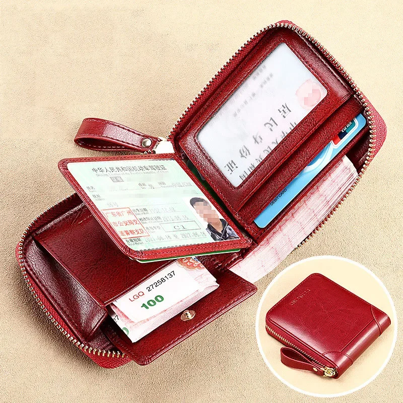 Fashion Women\'s Wallet with Zipper Luxury Genuine Leather Small Coin Purses Brand Folding Card Holder Blue Red Wallets for Women