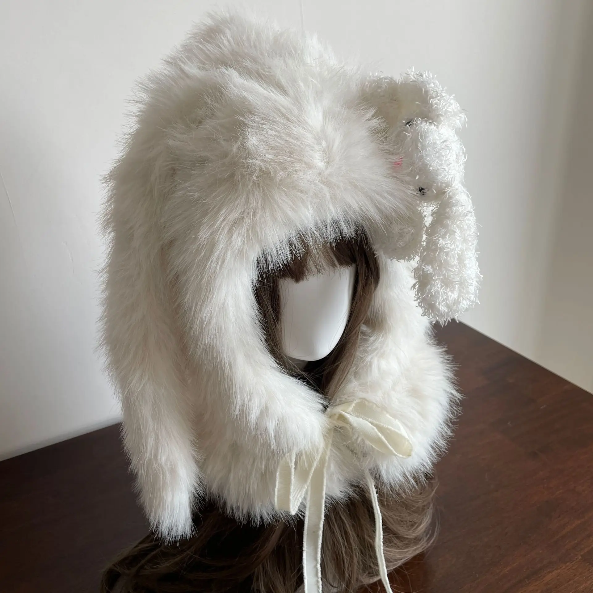 

Ladies White Plush Faux Fox Fur Hat Autumn Winter Warm Cute Long Rabbit Ears Hat Luxury Fashion Furry Hooded Caps