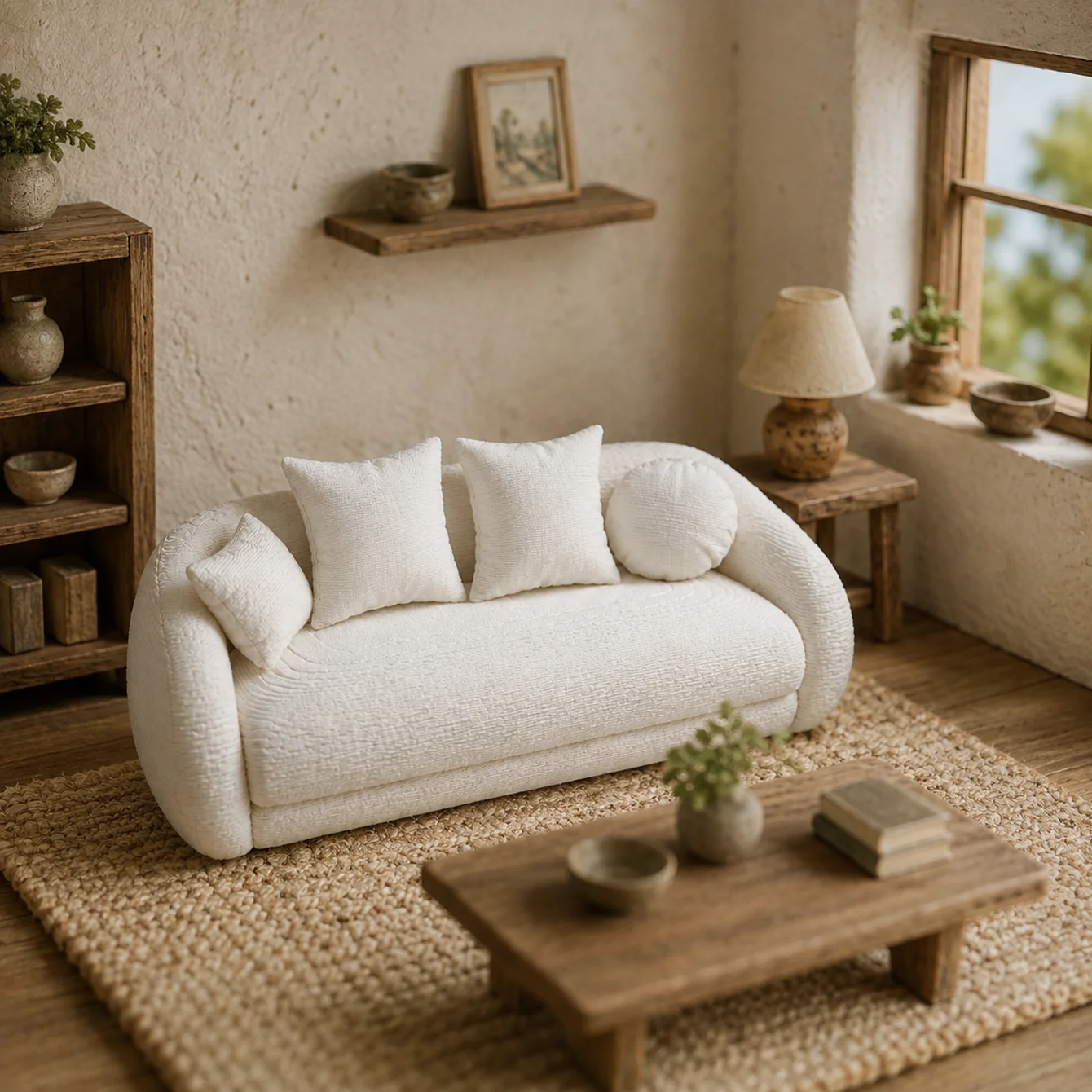 Weißes Sofa-Modell für Puppenhäuser mit Kissen, Miniatur-Wohnzimmermöbel-Dekoration, Zubehör für kleine Haus-Szenen. – Detail 5