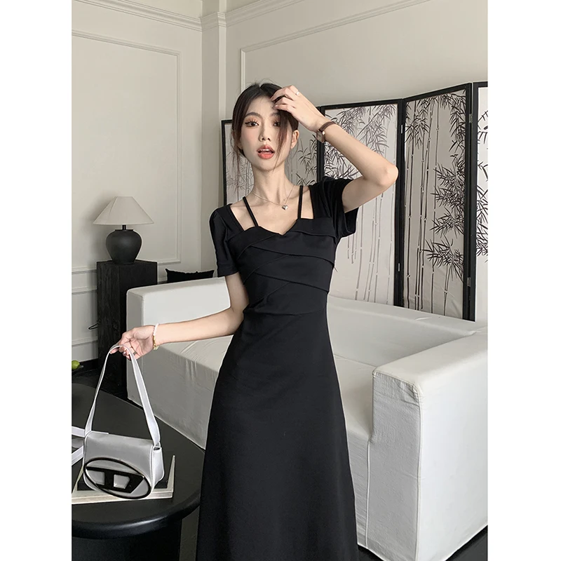 

2024 Summer New Elegant Dress Women Short Sleeve Solid Halter Dress Waisted Thin Long Dresses for Women