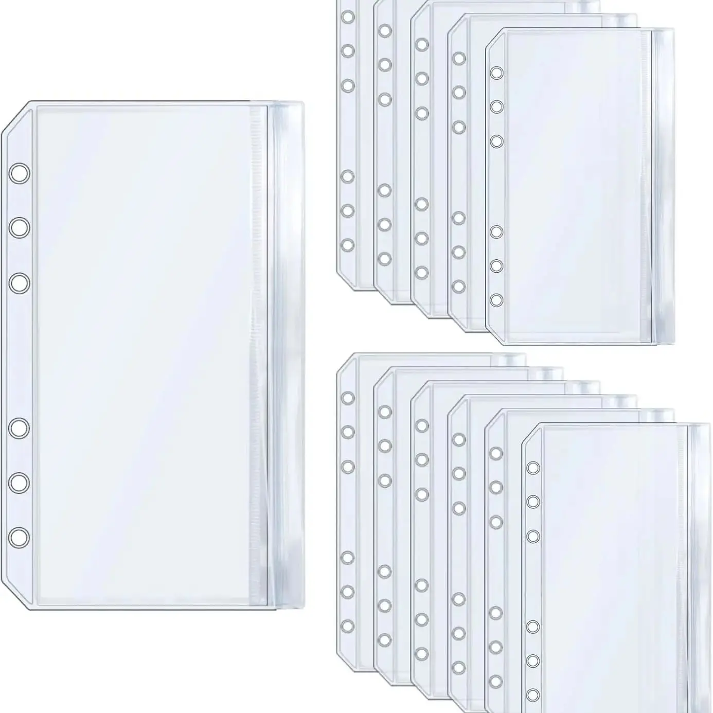 

6-Pack A5 Cash Envelope File Folder Pouch Transparent PVC Material 6-Hole Double-Layer Pocket Flat-Seal Zipper Bag Compatible wi