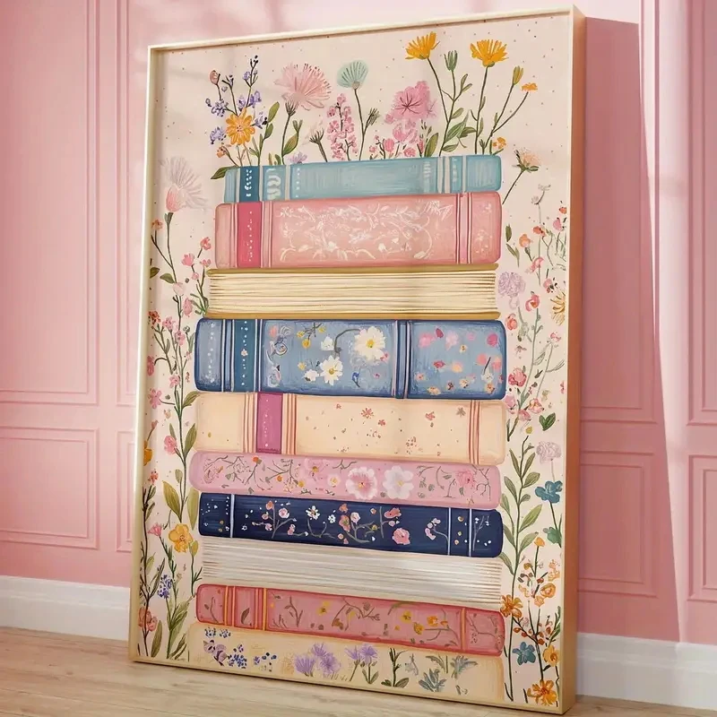 

Retro Bookstack Murals Printed Materials, Flowers and Books Are Used To Decorate The Living Room, Bedroom and Home Furnishings