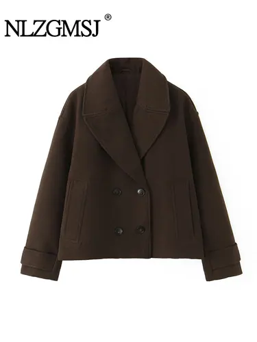 Imagen 1 del producto NLZGMSJ Vintage Casual Chic mujer abrigo bolsillos sólidos doble botonadura abrigo corto nueva moda 2025 abrigos de vacaciones de invierno
