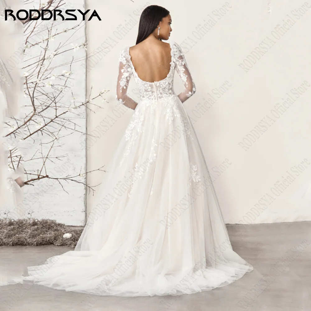 Roddrsy elegante calcomanía de encaje de boda de manga larga vestido de novia TUL letra a sin espRODDRSY vestidos de novia elegantes, Apliques de encaje, mangas largas, tul, línea A, Espalda descubierta, Cuadrado Civil