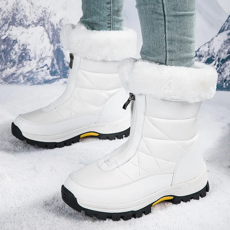 

Fashin Women Snow Boots Warm Plush Comfortable Platform Shoes Lady Lace-up Mid-Calf White Boots Non-slip Winter Shoes Botines