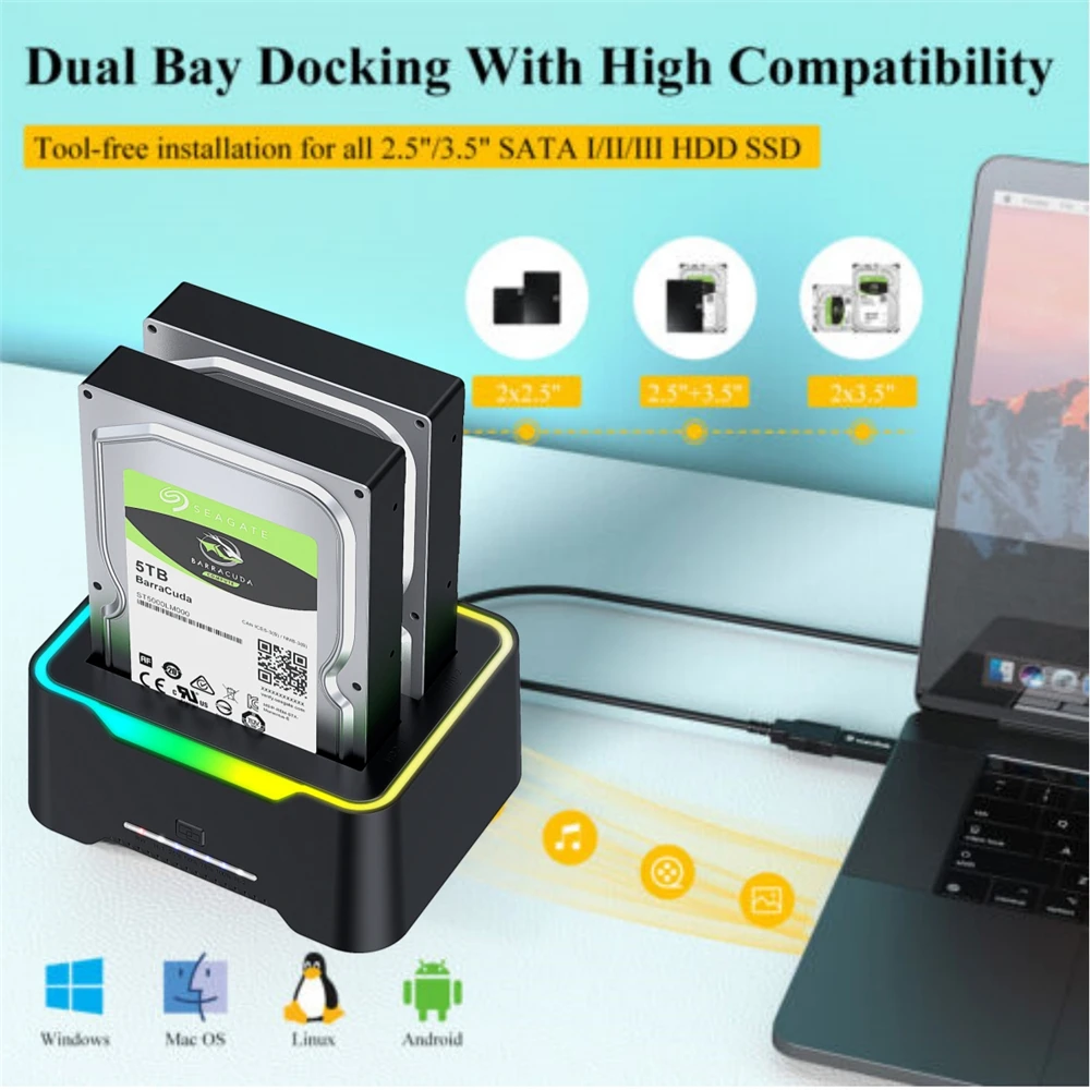 USB 3.0 to SATA Dual Bay External Hard Drive Enclosures Docking Station for 2.5/ 3.5inch HDD SSD extension dock Offline Clone