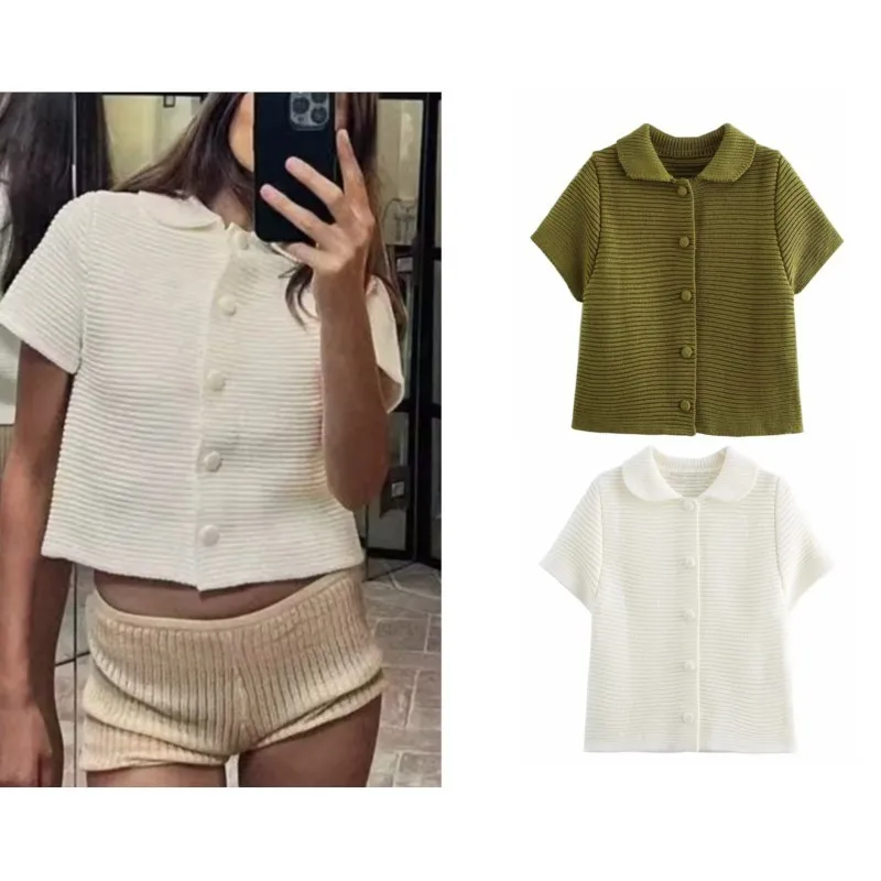 

Women Coarse Knitted Jacket Autumn Single Breasted Slim Knit Cardigan with Short Sleeves Turn Down Collar Sweater Female ChicTop