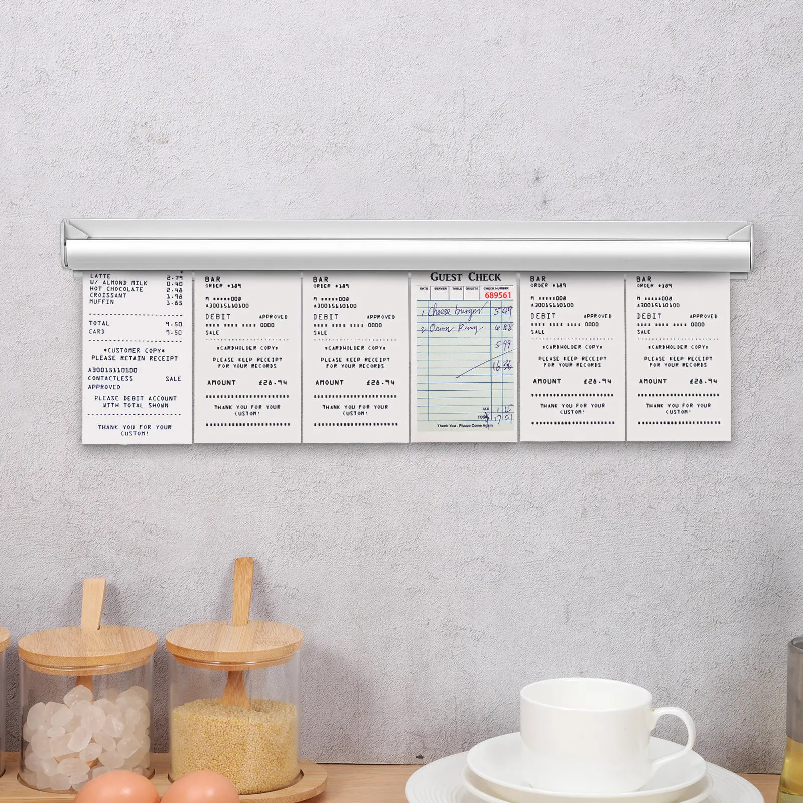 Lot de 2 supports adhésifs muraux pour commandes de restaurant, porte-tickets coulissant, gestion des commandes à emporter en cuisine, support de reçus et de menus
