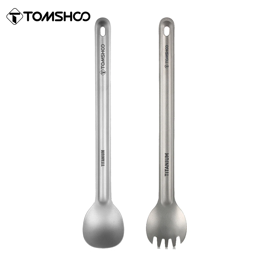 Tomshoo Titanium Long Handle Spoon Spork Set Outdoor Portable Matte Finish Dinner Spork Cutlery Camping Backpacking Equipment