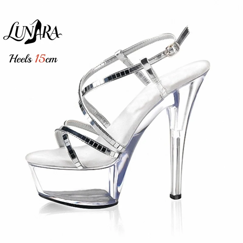 15cm/6Inch Clear Platform Stiletto High Heel Sandals Silver Studded Straps Ankle Buckle Anti-slip Pole Dance Women's
